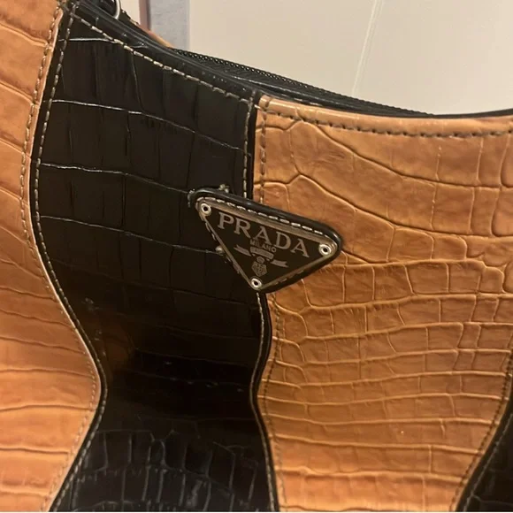 Authentic Prada Black and Tan Croc-Pattern Shoulder Bag - Picture 3 of 10